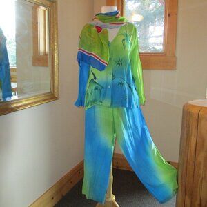Tropical Summer Hand Painted Resort Wear Blue & Green Top & Pants Rayon Outfit